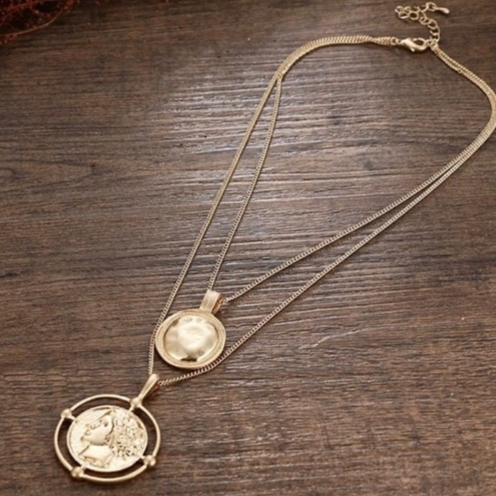 18K Gold Coin Pendant Vintage Double ChainNecklace - Picture 3 of 4